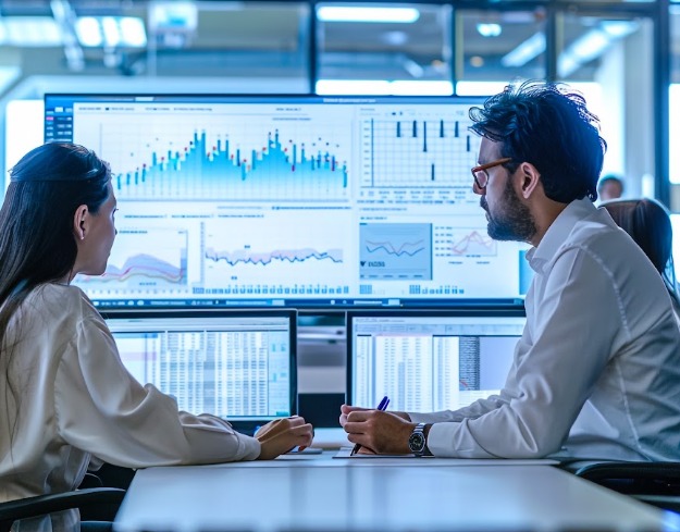 Profissional analisando relatórios financeiros em uma mesa de trabalho
